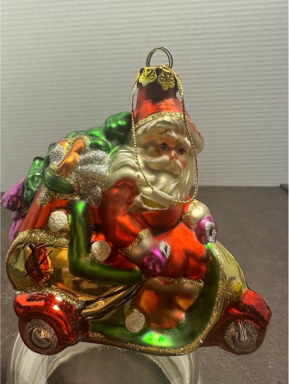 Santa on Scooter Glass Christmas Ornament Gifts Tree Glitter 4.5”